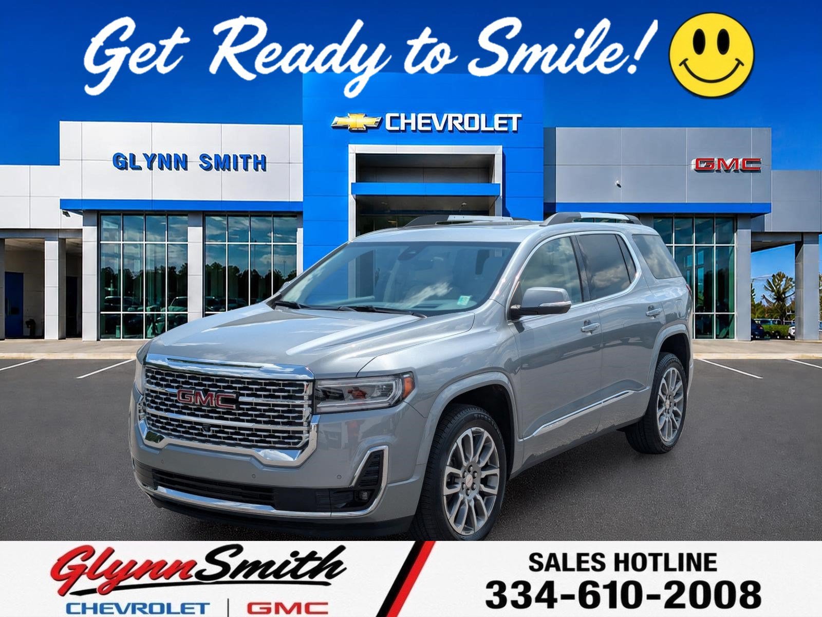 2023 GMC Acadia Denali in Sterling Metallic — front three-quarter view