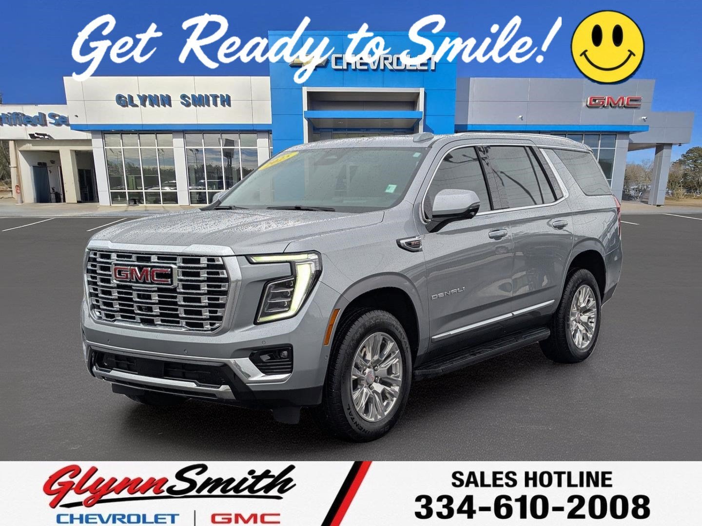 2025 GMC Yukon Denali in Sterling Metallic — front three-quarter view